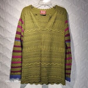 OLEANA RARE Norway Women Sweater V-neck Alpaca Knit Tunic Olive Green Stripe M